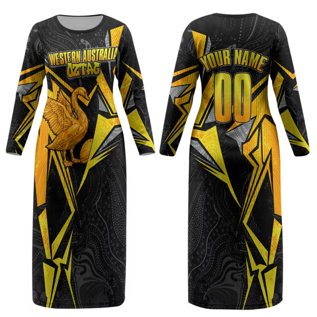 Personalised Western Australia Oztag Swan Couples Matching Long Sleeve Bodycon Dress and Long Sleeve Button Shirt Black Gold Geometric Swan Aboriginal
