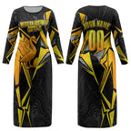 Personalised Western Australia Oztag Swan Couples Matching Long Sleeve Bodycon Dress and Long Sleeve Button Shirt Black Gold Geometric Swan Aboriginal