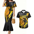 Personalised Western Australia Oztag Swan Couples Matching Mermaid Dress and Hawaiian Shirt Black Gold Geometric Swan Aboriginal