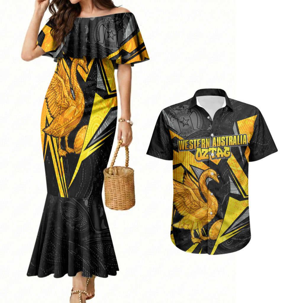 Personalised Western Australia Oztag Swan Couples Matching Mermaid Dress and Hawaiian Shirt Black Gold Geometric Swan Aboriginal