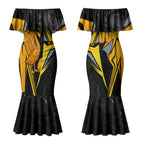 Personalised Western Australia Oztag Swan Couples Matching Mermaid Dress and Hawaiian Shirt Black Gold Geometric Swan Aboriginal