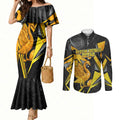 Personalised Western Australia Oztag Swan Couples Matching Mermaid Dress and Long Sleeve Button Shirt Black Gold Geometric Swan Aboriginal