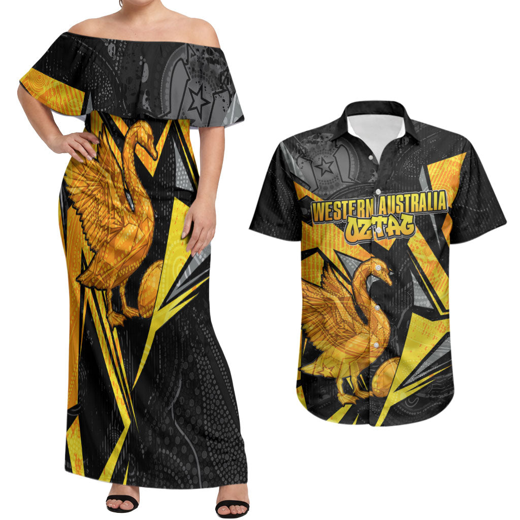 Personalised Western Australia Oztag Swan Couples Matching Off Shoulder Maxi Dress and Hawaiian Shirt Black Gold Geometric Swan Aboriginal