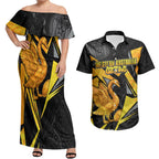 Personalised Western Australia Oztag Swan Couples Matching Off Shoulder Maxi Dress and Hawaiian Shirt Black Gold Geometric Swan Aboriginal