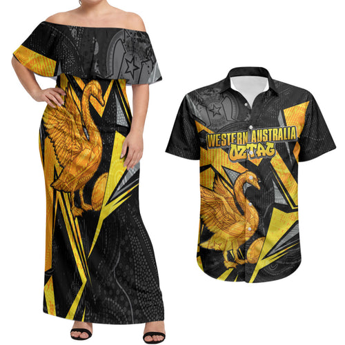 Personalised Western Australia Oztag Swan Couples Matching Off Shoulder Maxi Dress and Hawaiian Shirt Black Gold Geometric Swan Aboriginal