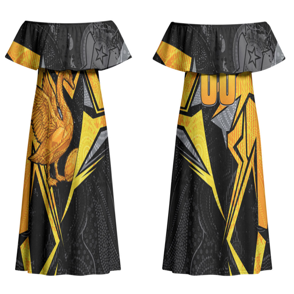 Personalised Western Australia Oztag Swan Couples Matching Off Shoulder Maxi Dress and Hawaiian Shirt Black Gold Geometric Swan Aboriginal