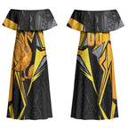 Personalised Western Australia Oztag Swan Couples Matching Off Shoulder Maxi Dress and Hawaiian Shirt Black Gold Geometric Swan Aboriginal