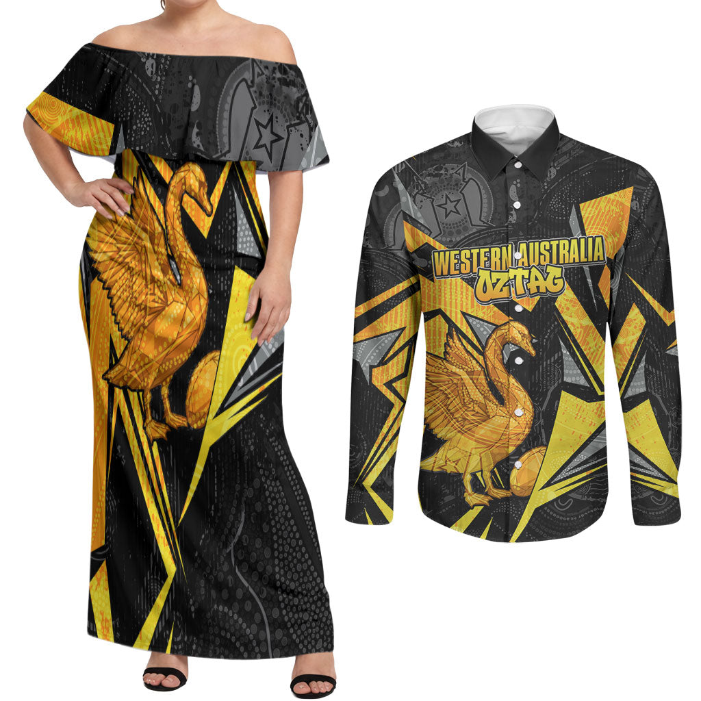 Personalised Western Australia Oztag Swan Couples Matching Off Shoulder Maxi Dress and Long Sleeve Button Shirt Black Gold Geometric Swan Aboriginal