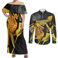 Personalised Western Australia Oztag Swan Couples Matching Off Shoulder Maxi Dress and Long Sleeve Button Shirt Black Gold Geometric Swan Aboriginal