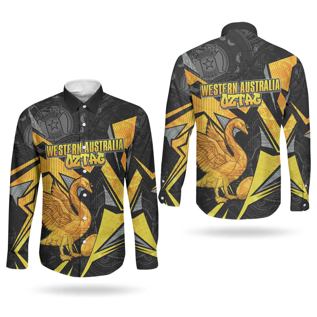 Personalised Western Australia Oztag Swan Couples Matching Off Shoulder Maxi Dress and Long Sleeve Button Shirt Black Gold Geometric Swan Aboriginal