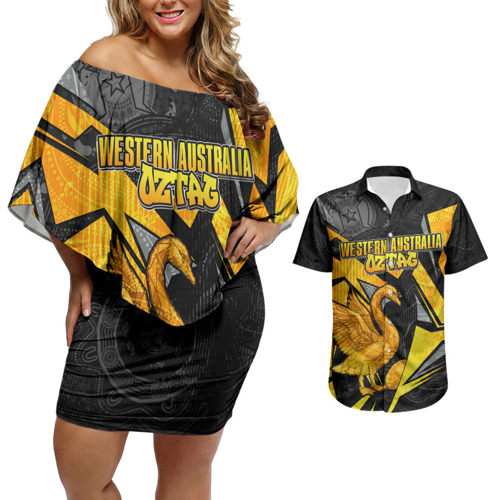 Personalised Western Australia Oztag Swan Couples Matching Off Shoulder Short Dress and Hawaiian Shirt Black Gold Geometric Swan Aboriginal