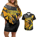 Personalised Western Australia Oztag Swan Couples Matching Off Shoulder Short Dress and Hawaiian Shirt Black Gold Geometric Swan Aboriginal