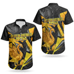 Personalised Western Australia Oztag Swan Couples Matching Off Shoulder Short Dress and Hawaiian Shirt Black Gold Geometric Swan Aboriginal