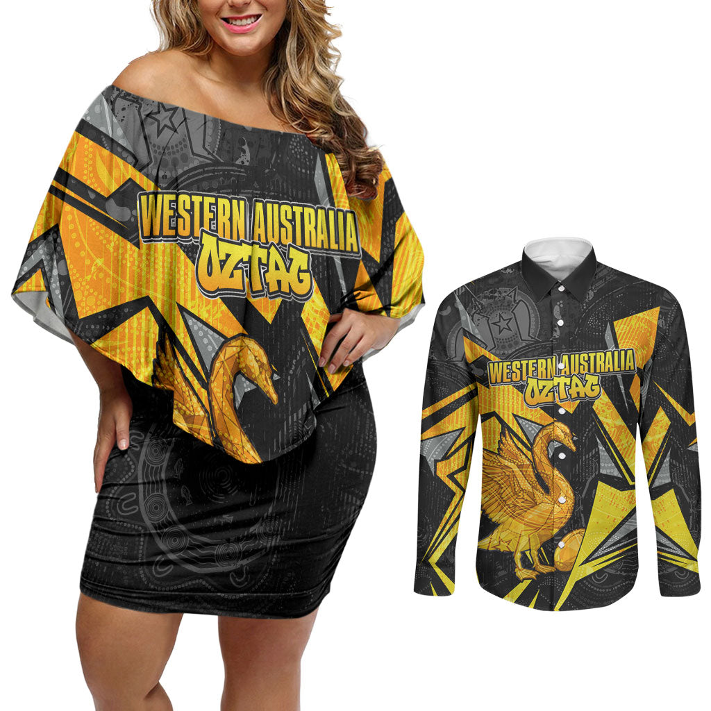 Personalised Western Australia Oztag Swan Couples Matching Off Shoulder Short Dress and Long Sleeve Button Shirt Black Gold Geometric Swan Aboriginal
