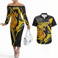 Personalised Western Australia Oztag Swan Couples Matching Off The Shoulder Long Sleeve Dress and Hawaiian Shirt Black Gold Geometric Swan Aboriginal