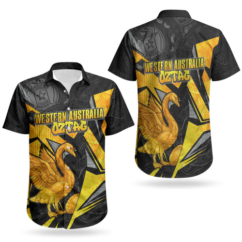 Personalised Western Australia Oztag Swan Couples Matching Off The Shoulder Long Sleeve Dress and Hawaiian Shirt Black Gold Geometric Swan Aboriginal