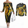 Personalised Western Australia Oztag Swan Couples Matching Off The Shoulder Long Sleeve Dress and Long Sleeve Button Shirt Black Gold Geometric Swan Aboriginal