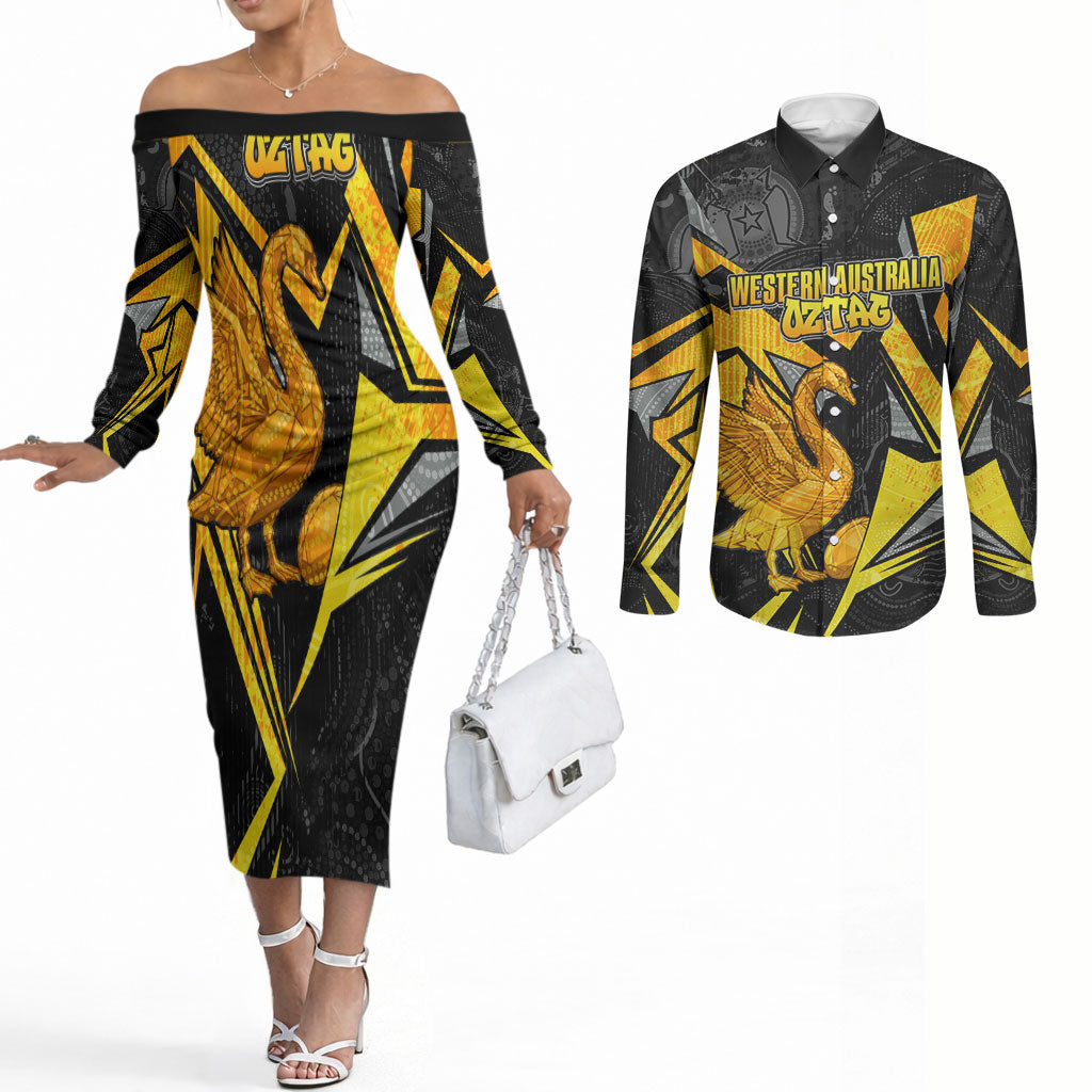 Personalised Western Australia Oztag Swan Couples Matching Off The Shoulder Long Sleeve Dress and Long Sleeve Button Shirt Black Gold Geometric Swan Aboriginal
