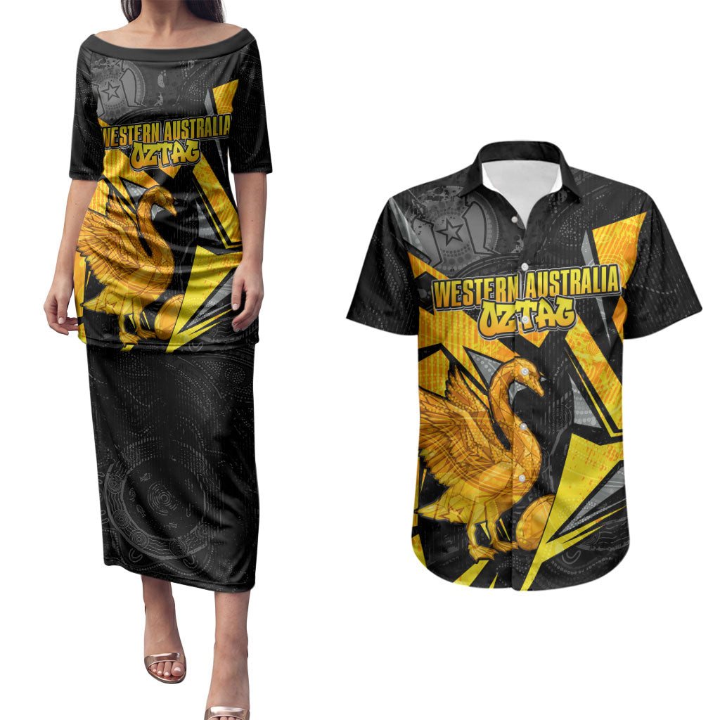 Personalised Western Australia Oztag Swan Couples Matching Puletasi and Hawaiian Shirt Black Gold Geometric Swan Aboriginal