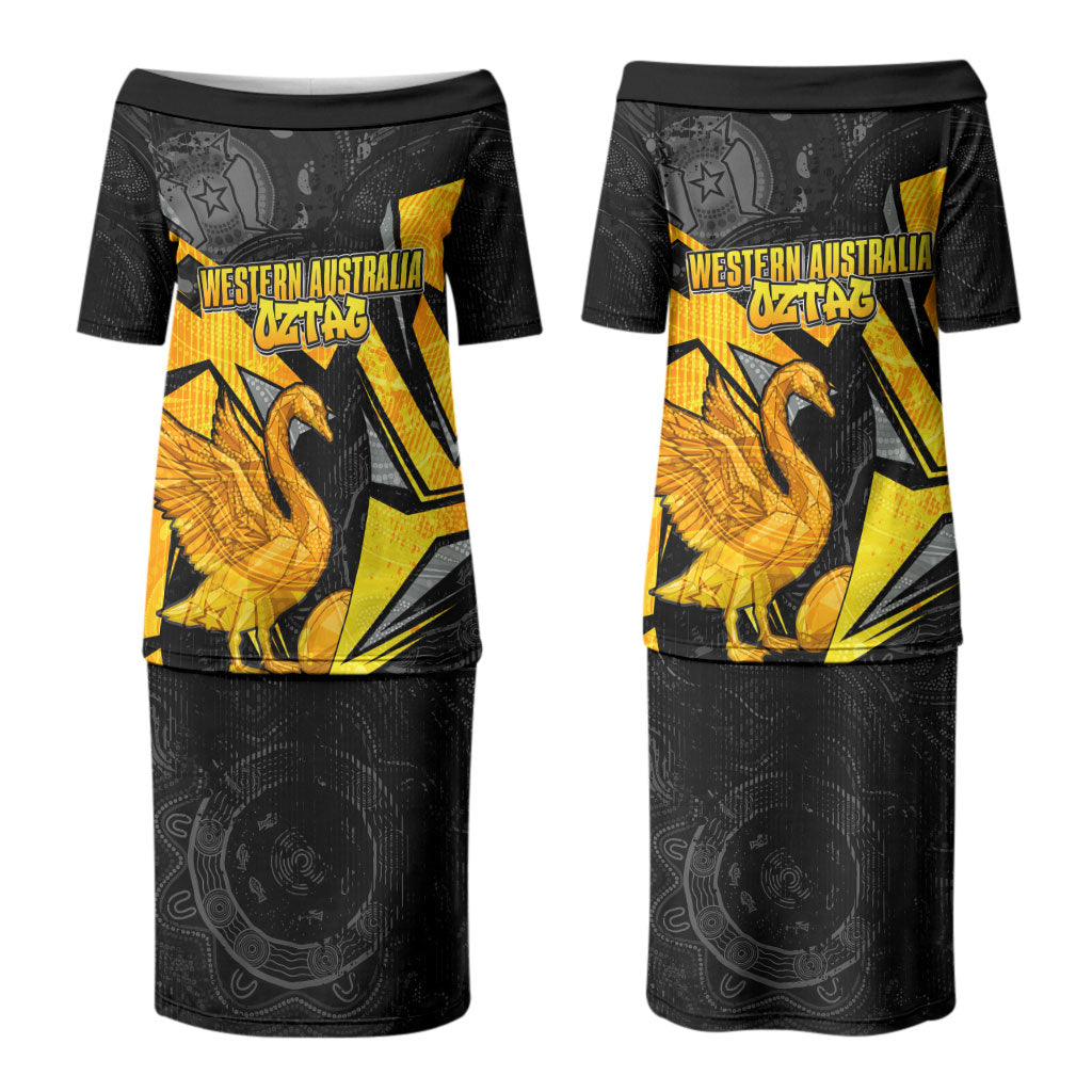 Personalised Western Australia Oztag Swan Couples Matching Puletasi and Hawaiian Shirt Black Gold Geometric Swan Aboriginal