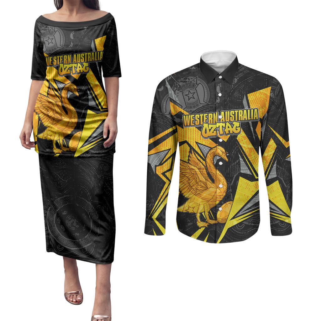 Personalised Western Australia Oztag Swan Couples Matching Puletasi and Long Sleeve Button Shirt Black Gold Geometric Swan Aboriginal