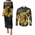 Personalised Western Australia Oztag Swan Couples Matching Puletasi and Long Sleeve Button Shirt Black Gold Geometric Swan Aboriginal