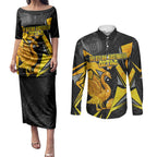 Personalised Western Australia Oztag Swan Couples Matching Puletasi and Long Sleeve Button Shirt Black Gold Geometric Swan Aboriginal