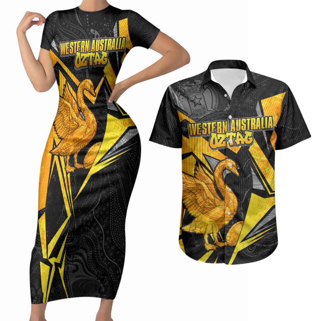 Personalised Western Australia Oztag Swan Couples Matching Short Sleeve Bodycon Dress and Hawaiian Shirt Black Gold Geometric Swan Aboriginal