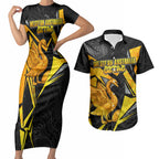 Personalised Western Australia Oztag Swan Couples Matching Short Sleeve Bodycon Dress and Hawaiian Shirt Black Gold Geometric Swan Aboriginal