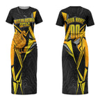 Personalised Western Australia Oztag Swan Couples Matching Short Sleeve Bodycon Dress and Hawaiian Shirt Black Gold Geometric Swan Aboriginal