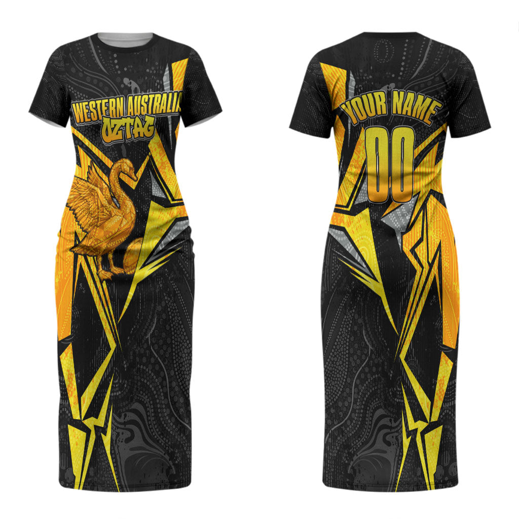 Personalised Western Australia Oztag Swan Couples Matching Short Sleeve Bodycon Dress and Hawaiian Shirt Black Gold Geometric Swan Aboriginal