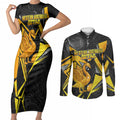 Personalised Western Australia Oztag Swan Couples Matching Short Sleeve Bodycon Dress and Long Sleeve Button Shirt Black Gold Geometric Swan Aboriginal