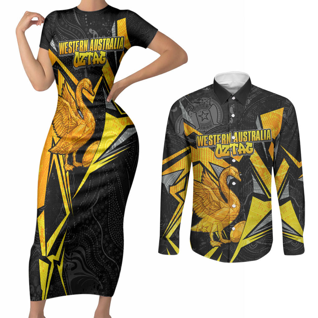 Personalised Western Australia Oztag Swan Couples Matching Short Sleeve Bodycon Dress and Long Sleeve Button Shirt Black Gold Geometric Swan Aboriginal