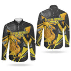 Personalised Western Australia Oztag Swan Couples Matching Short Sleeve Bodycon Dress and Long Sleeve Button Shirt Black Gold Geometric Swan Aboriginal