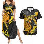 Personalised Western Australia Oztag Swan Couples Matching Summer Maxi Dress and Hawaiian Shirt Black Gold Geometric Swan Aboriginal
