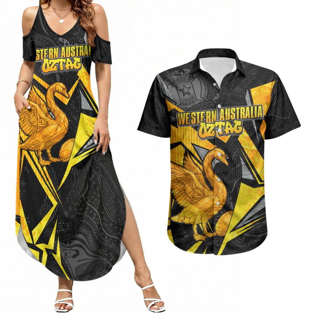 Personalised Western Australia Oztag Swan Couples Matching Summer Maxi Dress and Hawaiian Shirt Black Gold Geometric Swan Aboriginal