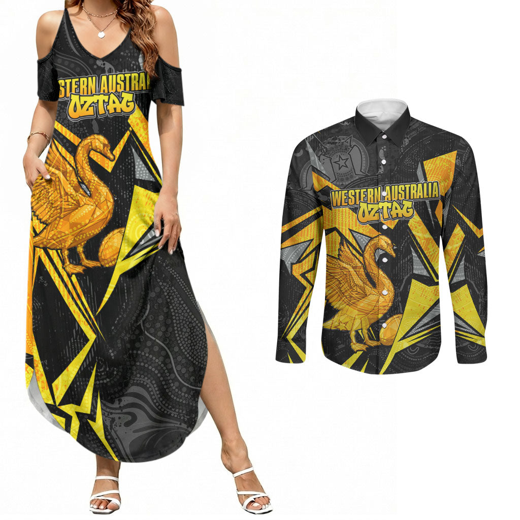 Personalised Western Australia Oztag Swan Couples Matching Summer Maxi Dress and Long Sleeve Button Shirt Black Gold Geometric Swan Aboriginal