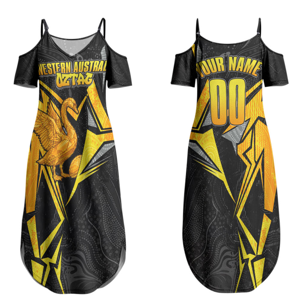 Personalised Western Australia Oztag Swan Couples Matching Summer Maxi Dress and Long Sleeve Button Shirt Black Gold Geometric Swan Aboriginal