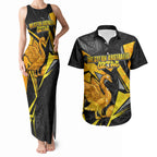 Personalised Western Australia Oztag Swan Couples Matching Tank Maxi Dress and Hawaiian Shirt Black Gold Geometric Swan Aboriginal