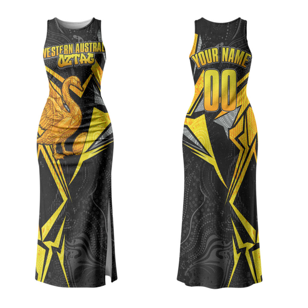 Personalised Western Australia Oztag Swan Couples Matching Tank Maxi Dress and Hawaiian Shirt Black Gold Geometric Swan Aboriginal