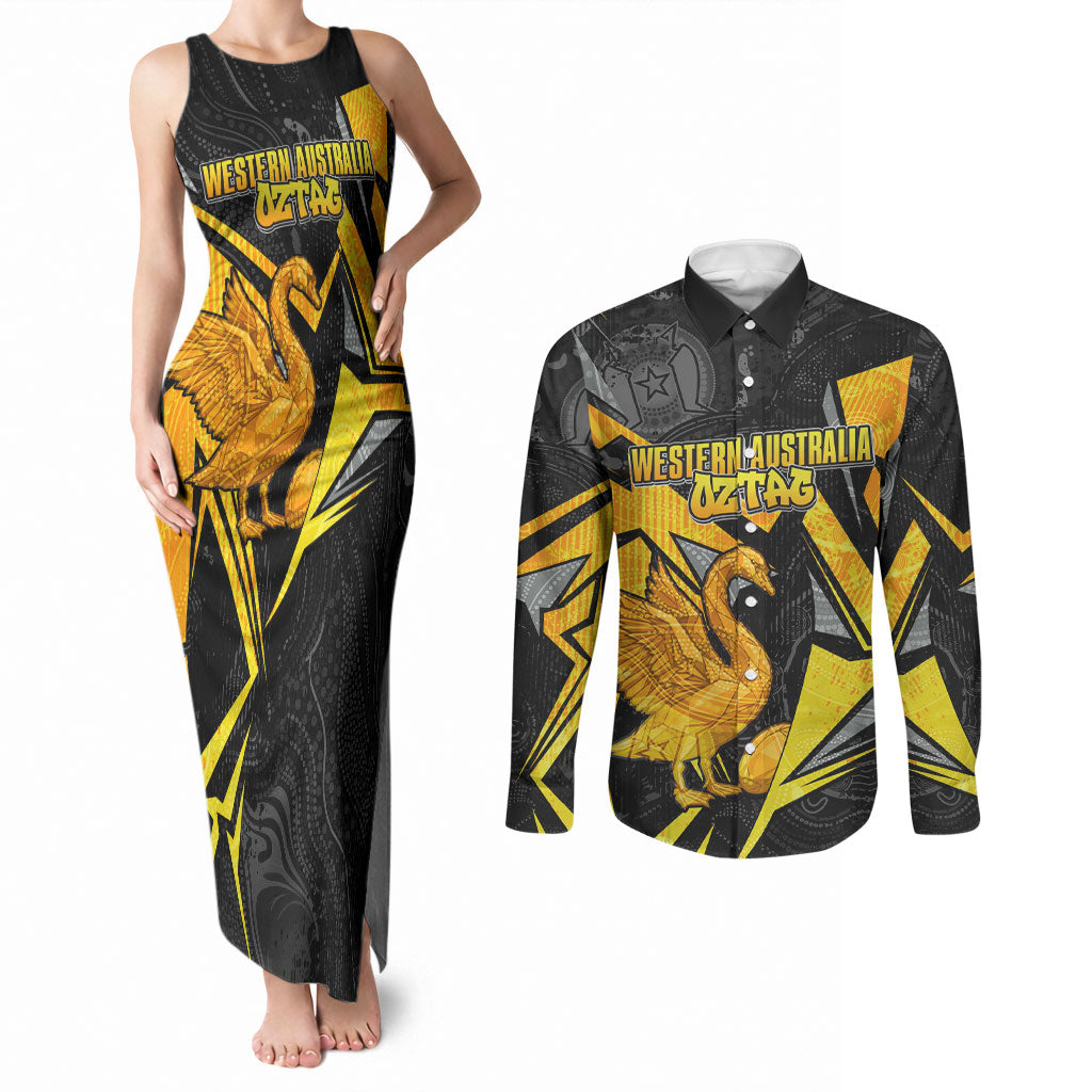 Personalised Western Australia Oztag Swan Couples Matching Tank Maxi Dress and Long Sleeve Button Shirt Black Gold Geometric Swan Aboriginal