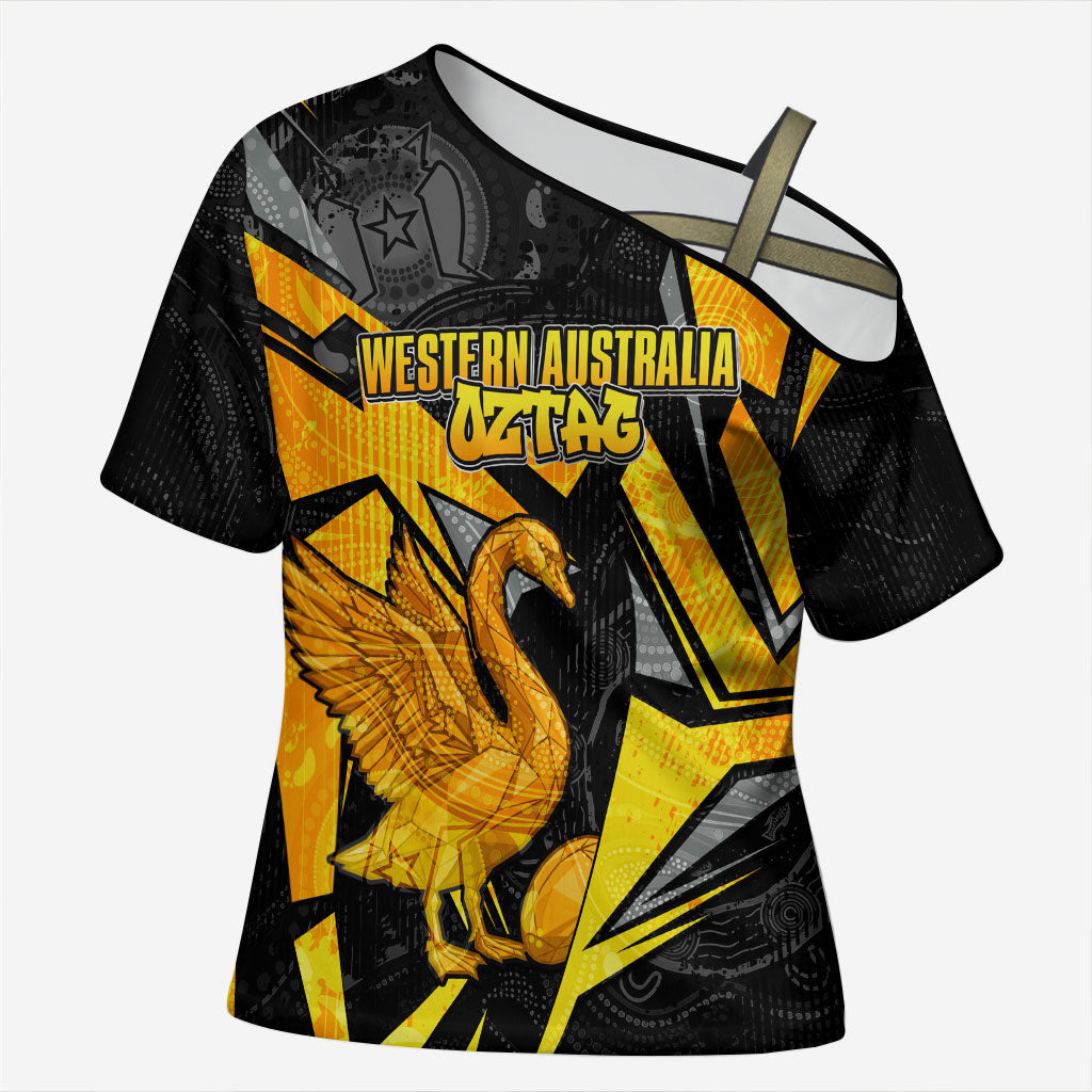 Personalised Western Australia Oztag Swan Cross Shoulder Shirt Black Gold Geometric Swan Aboriginal