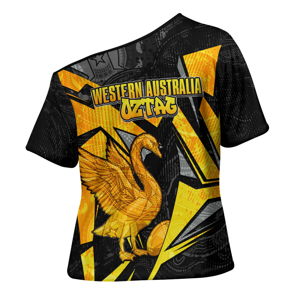 Personalised Western Australia Oztag Swan Cross Shoulder Shirt Black Gold Geometric Swan Aboriginal