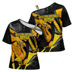 Personalised Western Australia Oztag Swan Cross Shoulder Shirt Black Gold Geometric Swan Aboriginal
