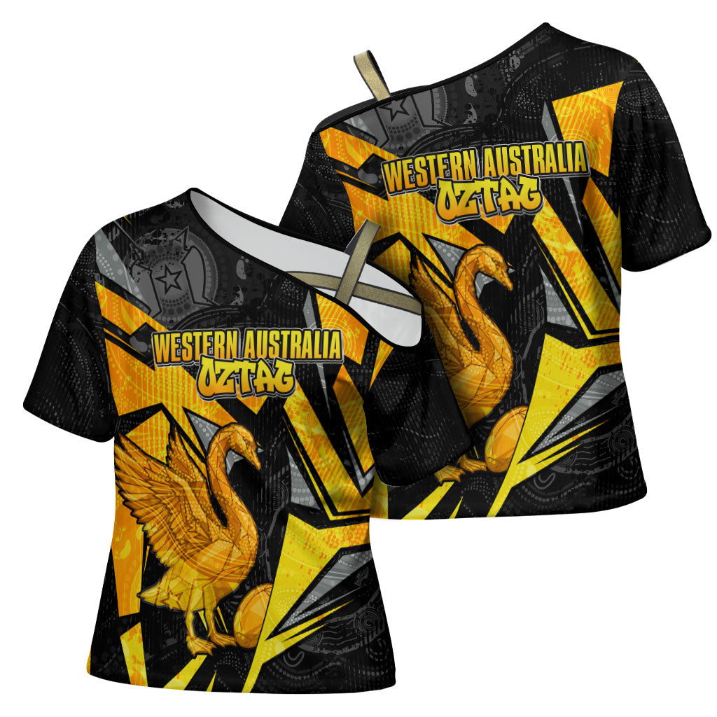 Personalised Western Australia Oztag Swan Cross Shoulder Shirt Black Gold Geometric Swan Aboriginal