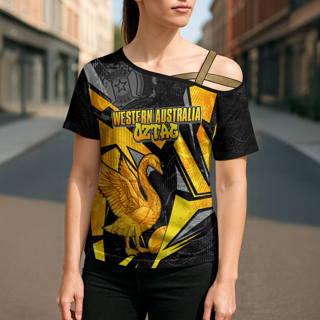 Personalised Western Australia Oztag Swan Cross Shoulder Shirt Black Gold Geometric Swan Aboriginal