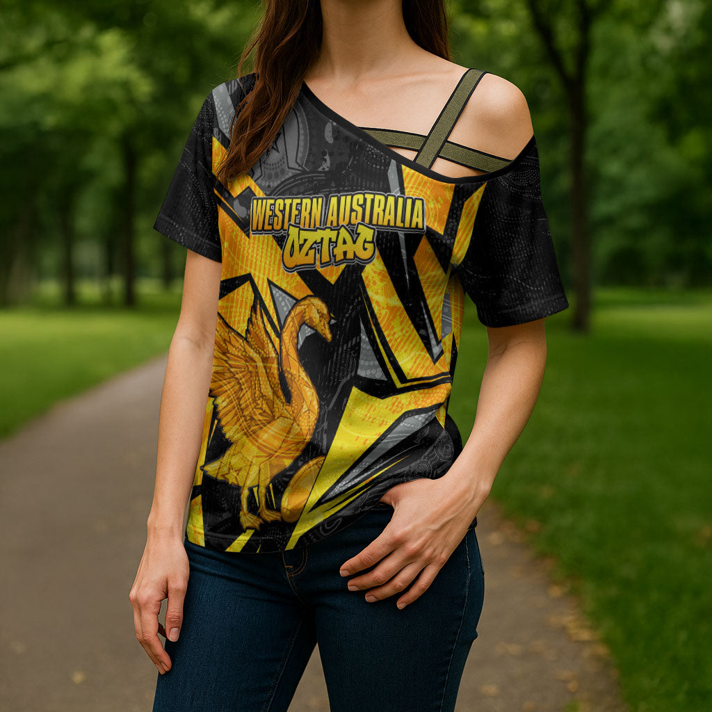 Personalised Western Australia Oztag Swan Cross Shoulder Shirt Black Gold Geometric Swan Aboriginal