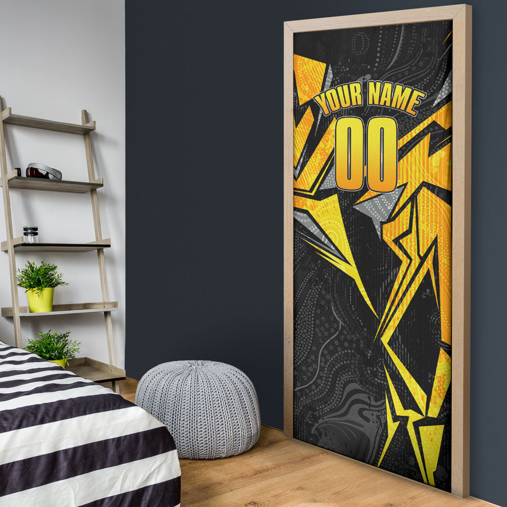 Personalised Western Australia Oztag Swan Door Cover Black Gold Geometric Swan Aboriginal