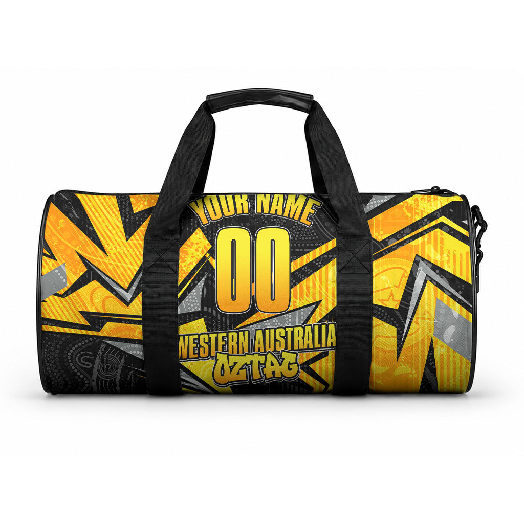 Personalised Western Australia Oztag Swan Duffle Bag Black Gold Geometric Swan Aboriginal