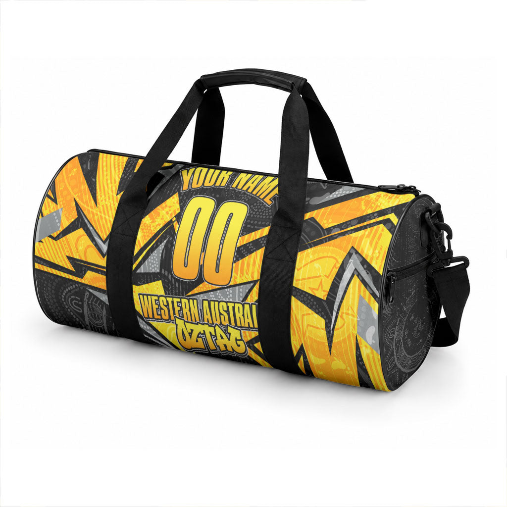Personalised Western Australia Oztag Swan Duffle Bag Black Gold Geometric Swan Aboriginal